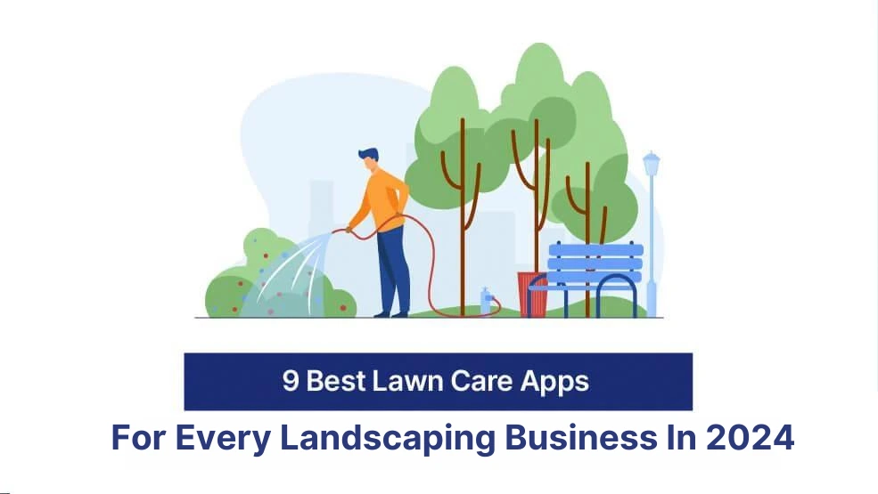 Landscaper watering plants in a park setting with trees, shrubs, and a bench