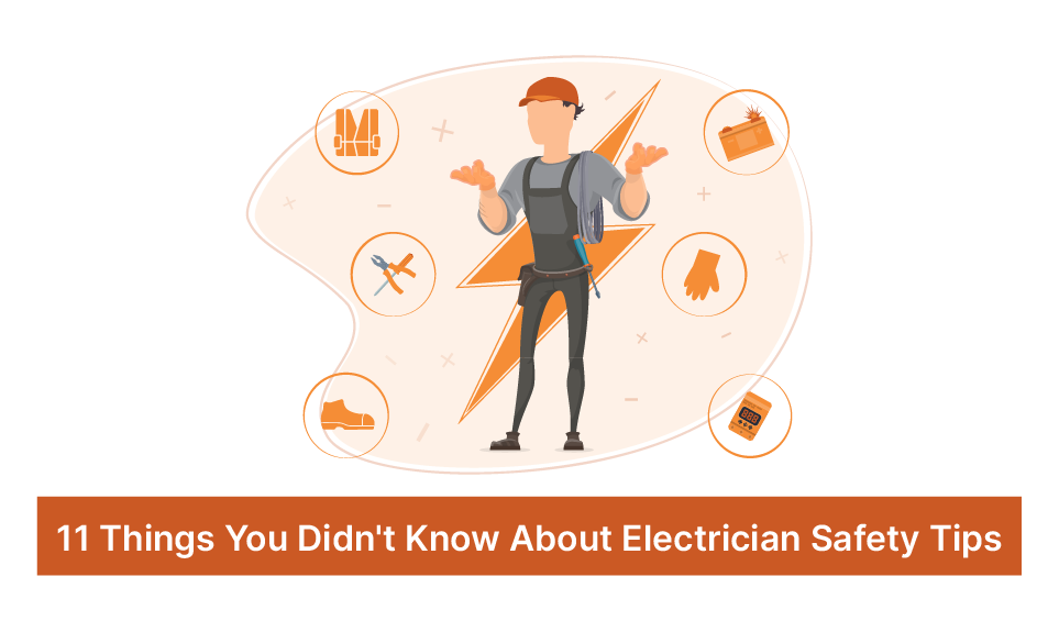 Electrician in safety gear surrounded by icons showing tools, gloves, boots, and multimeter for job site protection
