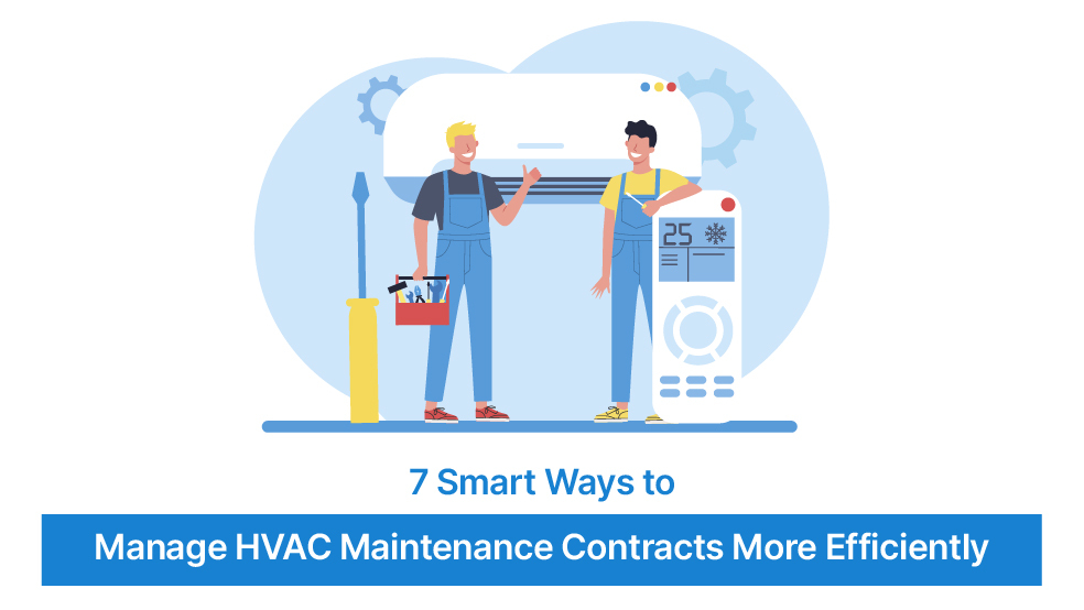 Two HVAC technicians discussing maintenance near an air conditioning unit with tools and remote control