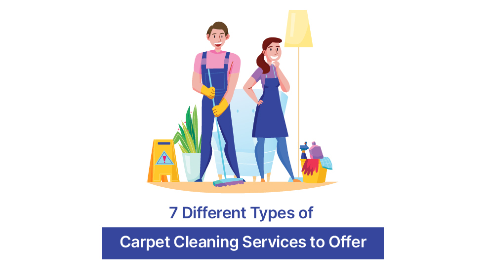 Illustration of two cleaning professionals with mop, supplies, and wet floor sign ready for carpet cleaning work