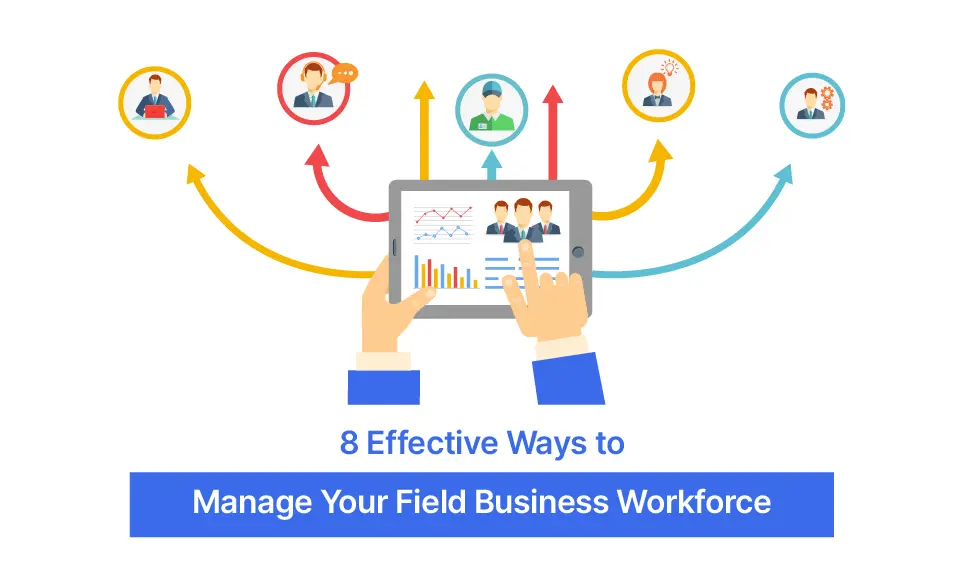 Hands using tablet to manage and connect with field workforce team members through business analytics dashboard