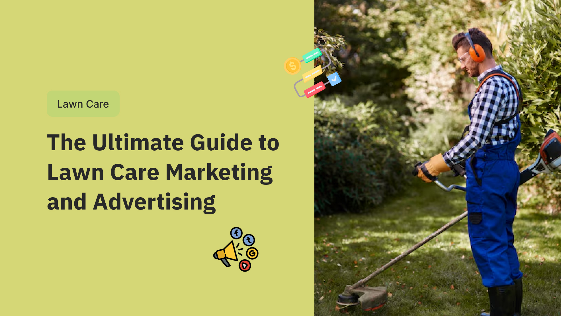 Lawn care technician using string trimmer in residential garden with marketing icons for social media promotion
