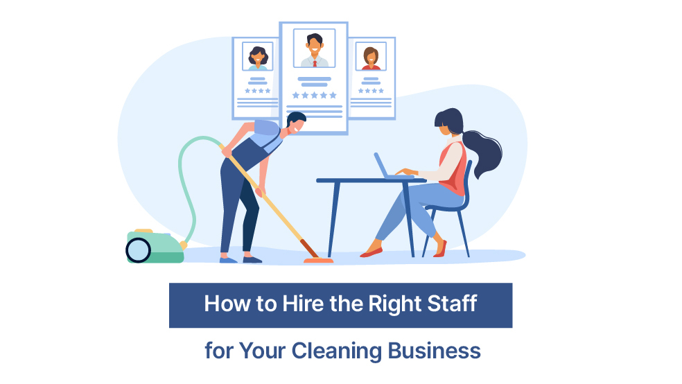 Cleaning staff member vacuuming floor while manager reviews employee profiles with ratings on laptop