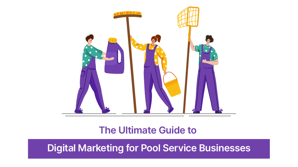 Three workers holding pool cleaning supplies including chemicals, brush, bucket, and skimmer net