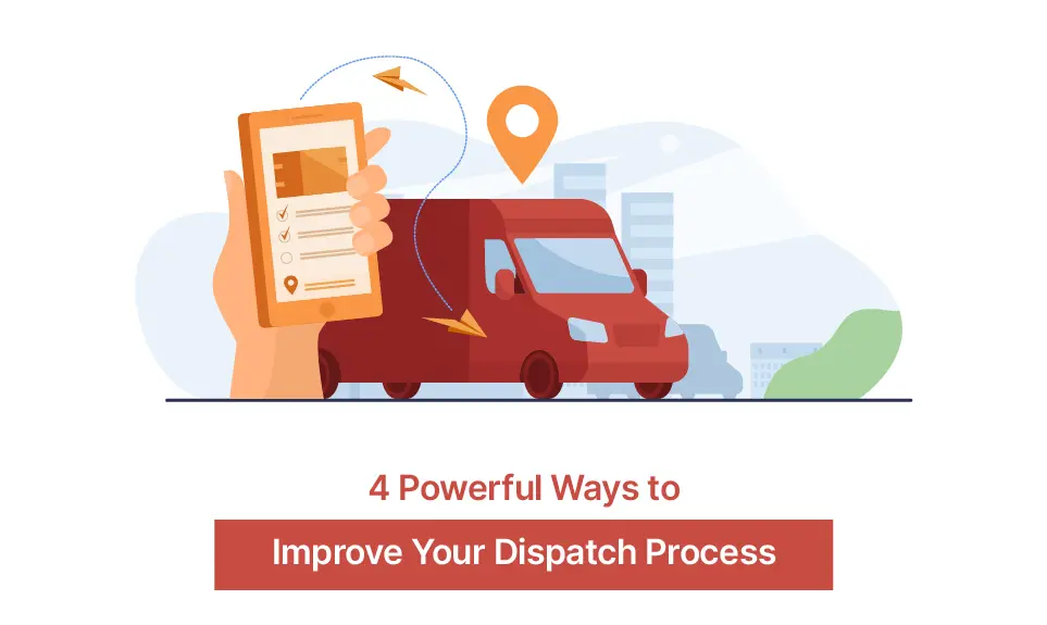 Smartphone displaying delivery checklist with tracking connected to red dispatch van and location pin