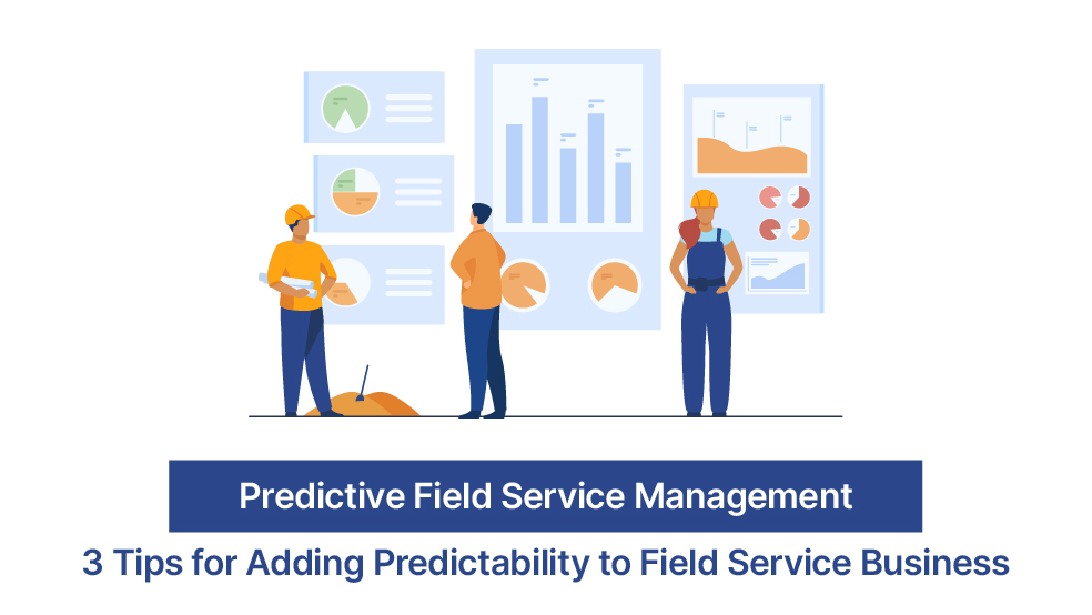 Field service workers reviewing analytics dashboard with charts showing performance metrics and KPIs