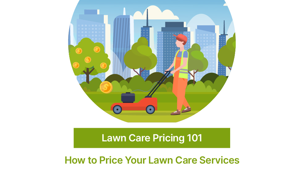 Lawn care worker pushing mower with money tree symbolizing profitable pricing strategies for lawn care services
