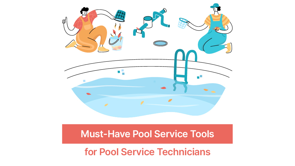 Pool service technicians using skimmer nets, test kits, and cleaning tools to maintain a swimming pool