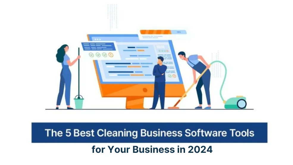 Cleaning professionals using scheduling and task management software on desktop to organize business operations