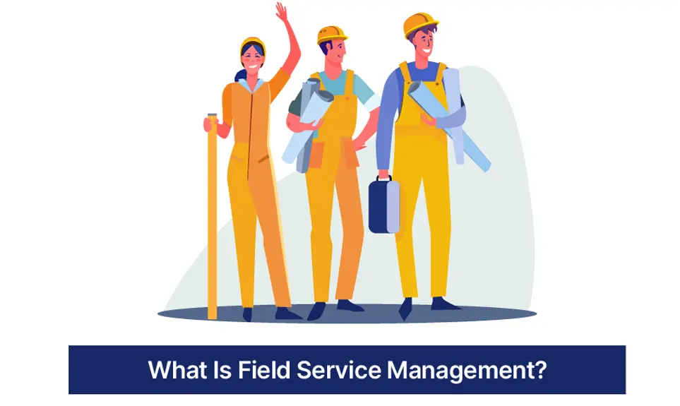 Three field service workers in hard hats and safety gear with tools ready for a job site