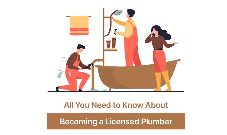 Plumber fixing pipe leak while another adjusts showerhead as homeowner observes bathtub installation work