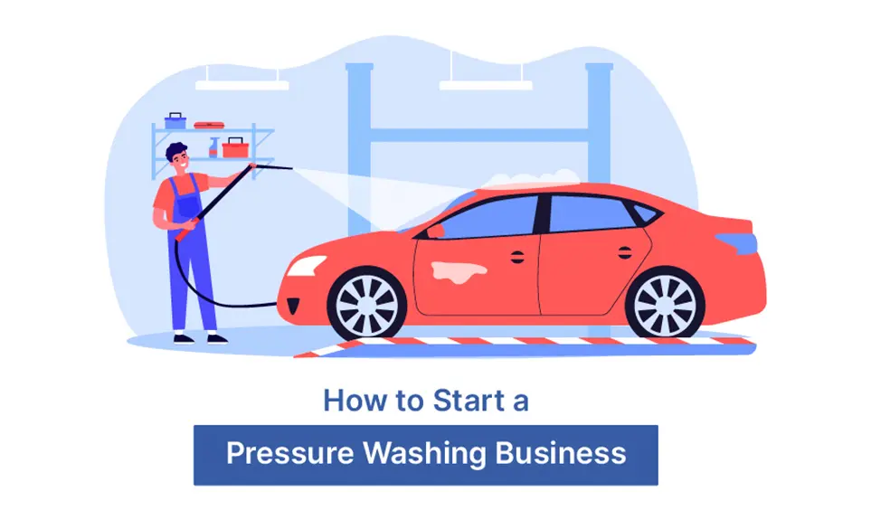 Worker pressure washing a red sedan in a service bay with cleaning supplies on shelf