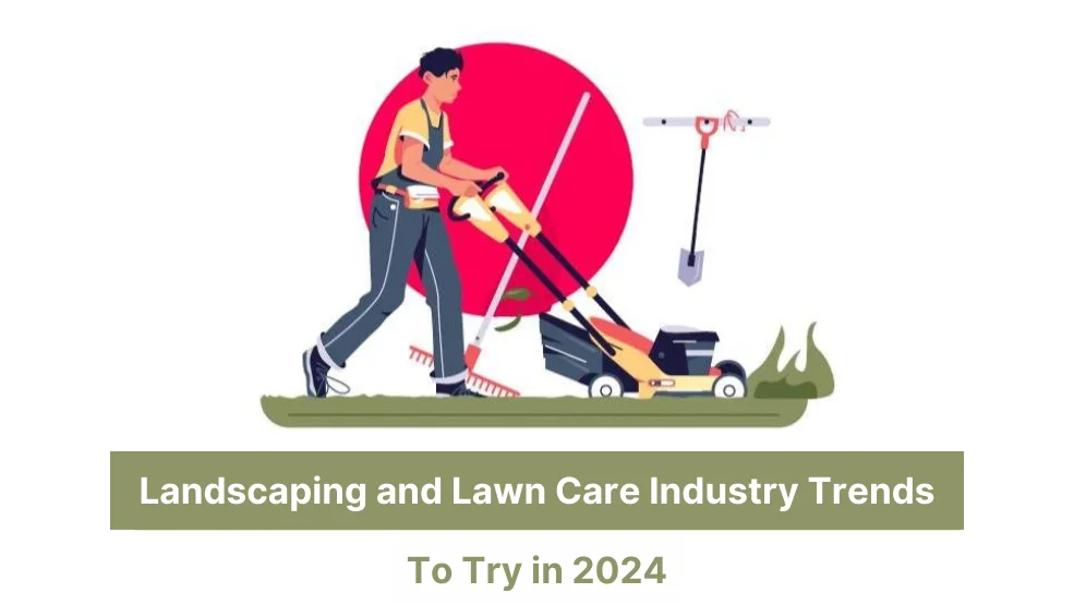 Landscaper pushing lawn mower with rake and shovel tools on grass