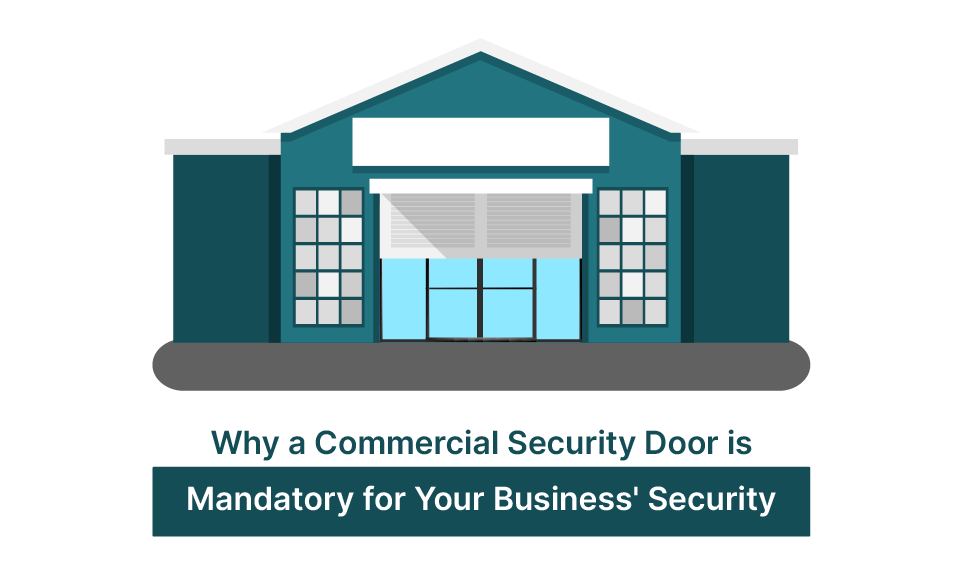 Commercial storefront building with large windows and central glass entrance door
