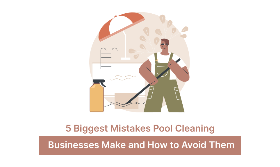 Pool technician cleaning a swimming pool with vacuum equipment beside cleaning supplies