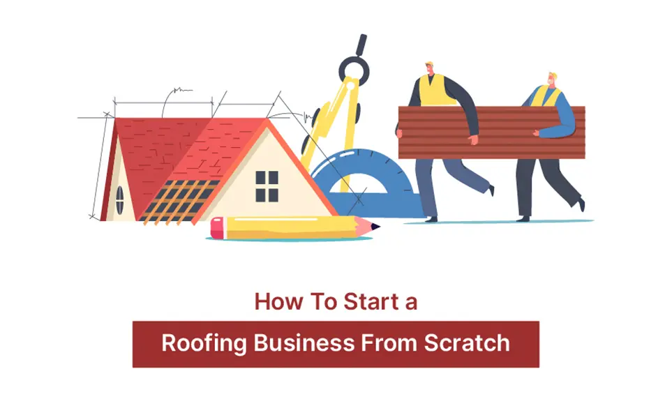 Roofing contractors carrying materials beside a house blueprint with measuring tools