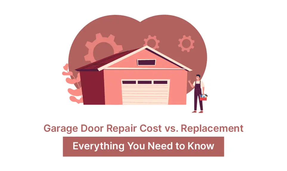 Technician with toolbox standing beside a garage with repair gear icons, representing repair vs. replacement decisions