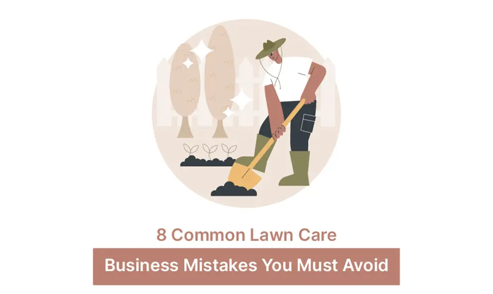 Landscaper digging soil with shovel near seedlings and shaped shrubs in a garden setting