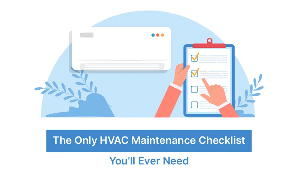 HVAC technician checking off items on a maintenance clipboard next to a wall-mounted air conditioning unit