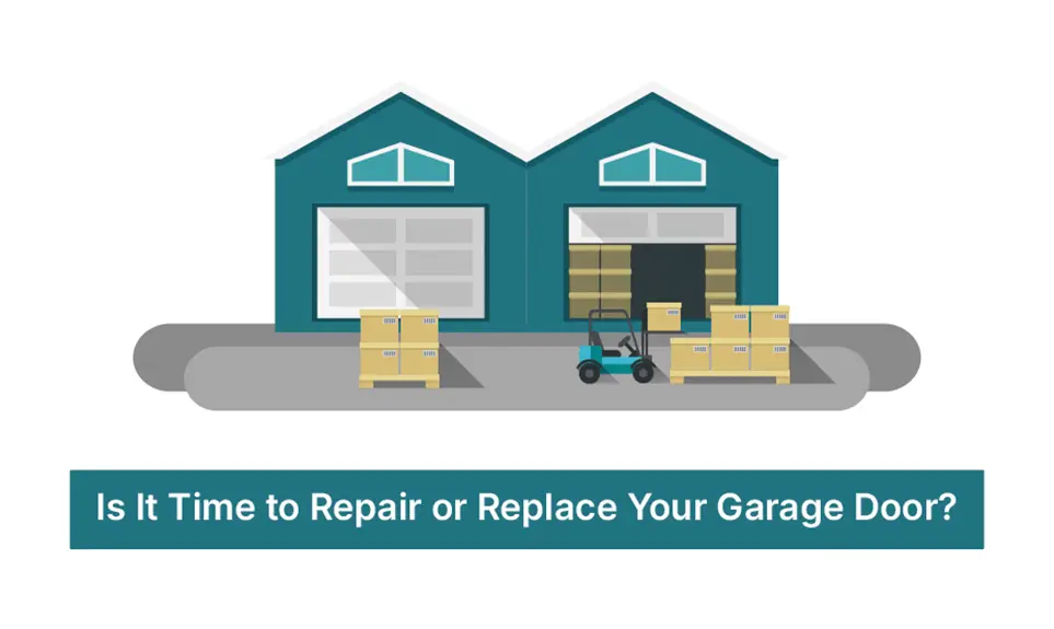 Warehouse facility with two garage doors, forklift, and stacked pallets illustrating garage door maintenance decisions