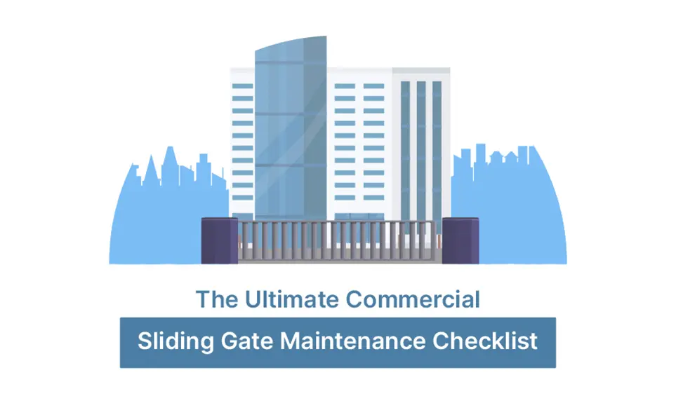 Illustration of a commercial building with a sliding gate entrance in front of a city skyline