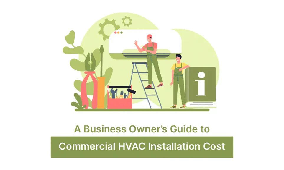 Technicians installing a commercial HVAC unit with tools and reference guide nearby