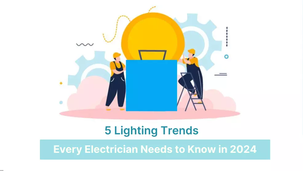 Electrician on ladder installs oversized light bulb while coworker observes, representing 2024 lighting industry trends.