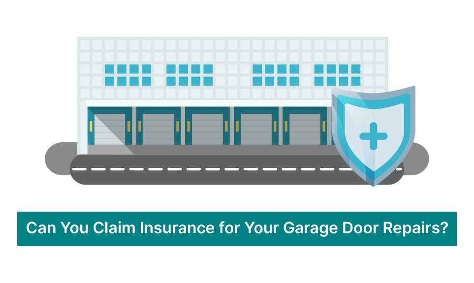 Garage building with multiple bay doors and insurance shield icon representing coverage for repairs