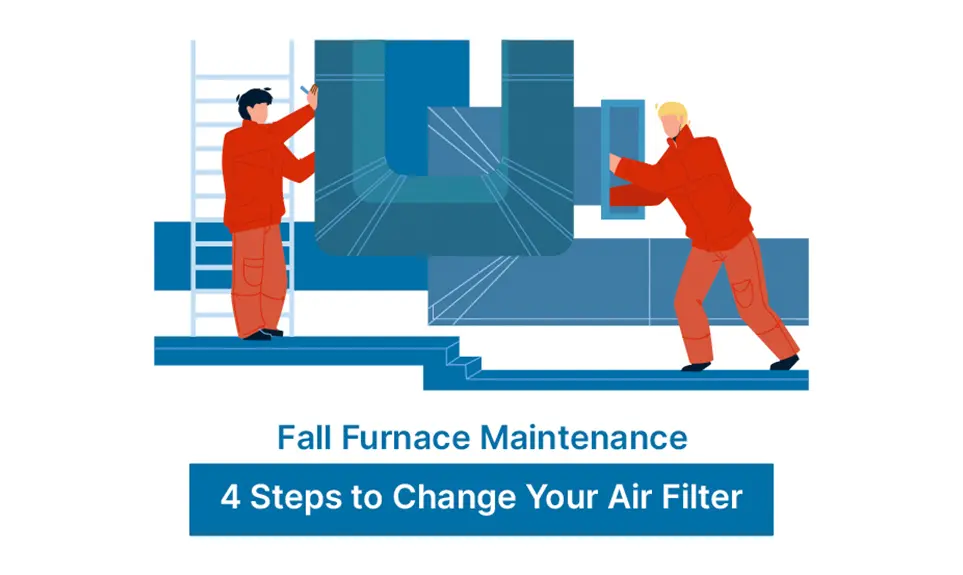 Technicians installing HVAC equipment with one holding an air filter during fall furnace maintenance