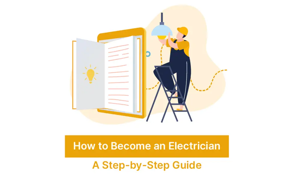 Electrician on ladder installing ceiling light beside open guidebook with lightbulb icon