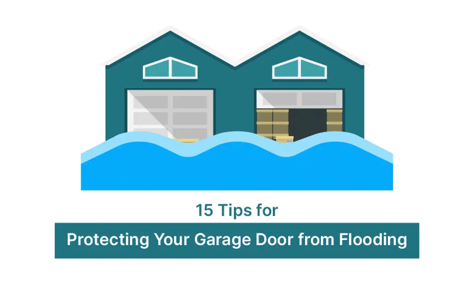 Illustration of two garages surrounded by floodwater, one with closed door and one open with stored boxes