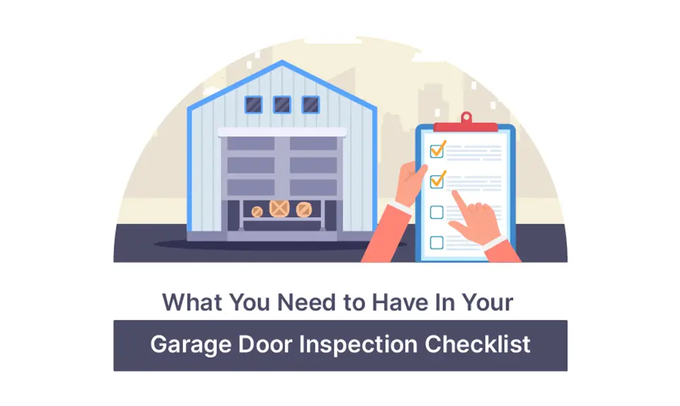 Checklist clipboard with checkmarks beside a garage building, illustrating garage door inspection items to review