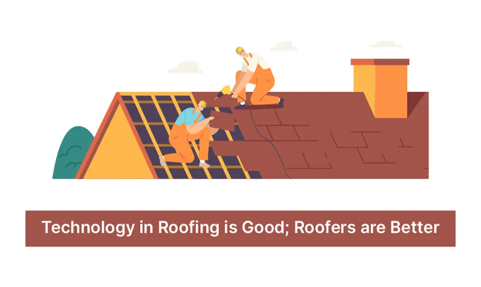 Two roofers installing shingles on a residential roof, one laying material while another uses a nail gun