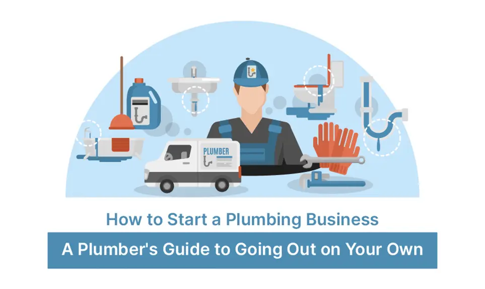 Plumber with service van surrounded by tools including plunger, wrench, gloves, sink, and pipes
