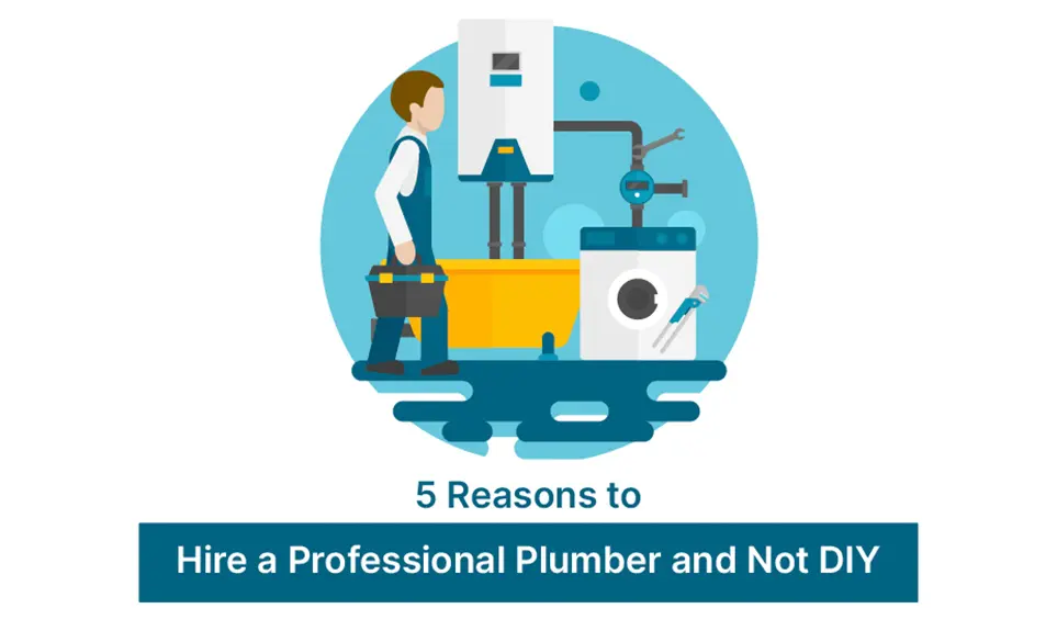 Plumber with toolbox standing beside bathtub, water heater, and washing machine with water leak on floor