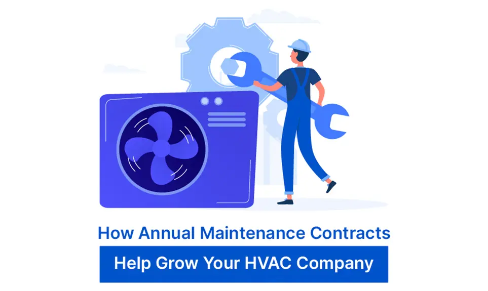 HVAC technician holding wrench next to air conditioning unit with text about annual maintenance contracts