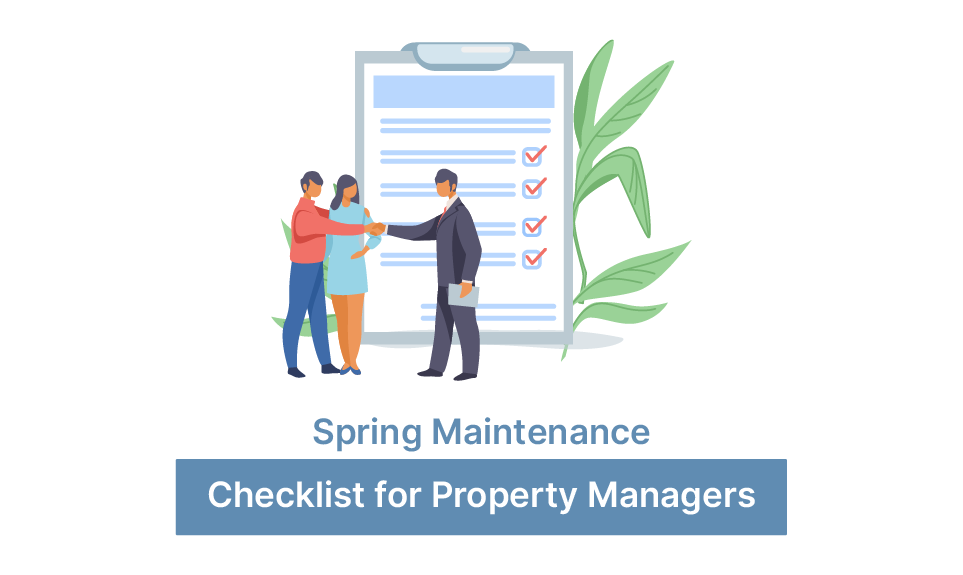 Property manager shaking hands with clients in front of a completed checklist for spring maintenance tasks