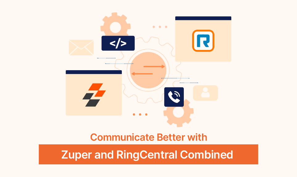 Zuper and RingCentral integration workflow showing connected APIs, phone, and contact management features
