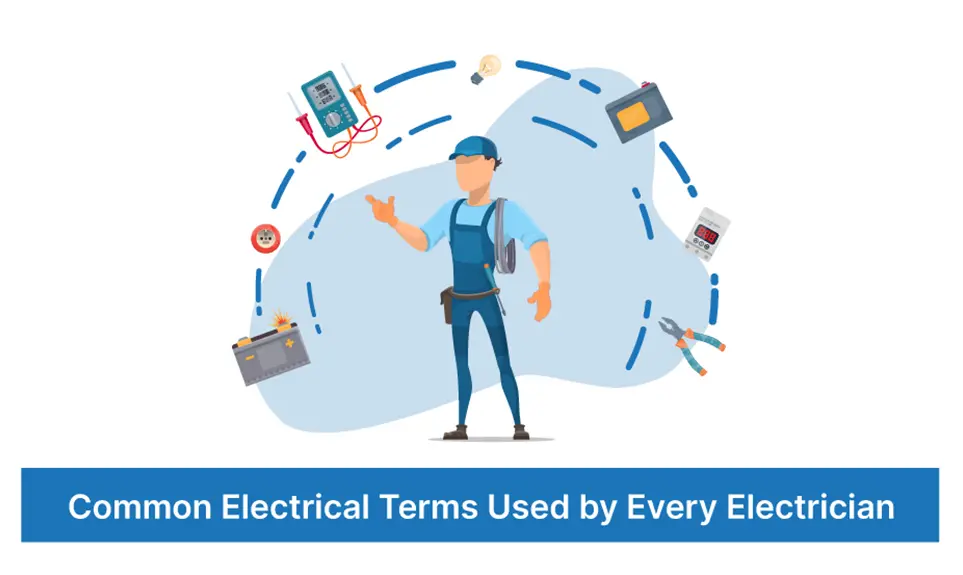 Electrician surrounded by tools including multimeter, pliers, toolbox, and electrical panel for common electrical terms