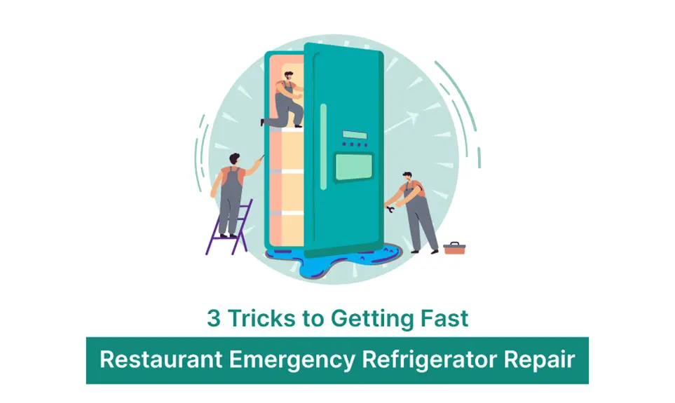 Technicians repairing a leaking commercial refrigerator with tools and ladder for emergency restaurant service