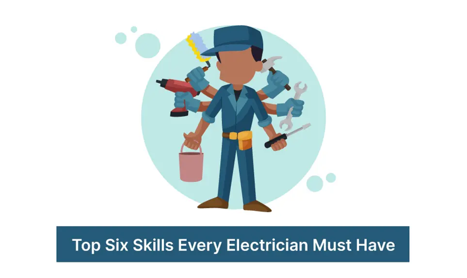 Illustrated worker with multiple arms holding tools including drill, wrench, hammer, and paint roller