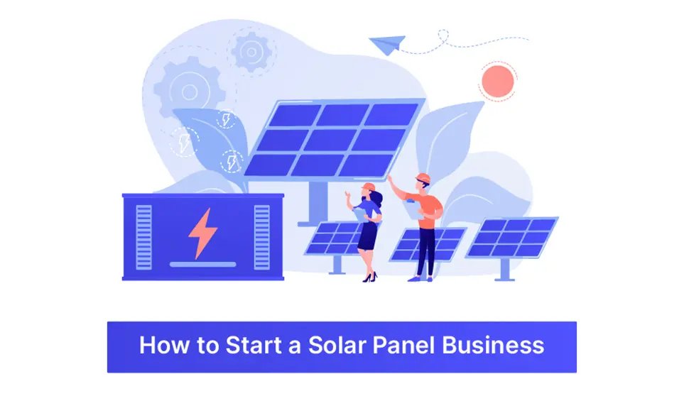 Solar panel installation team discussing battery storage system with mounted panels and sun energy concept