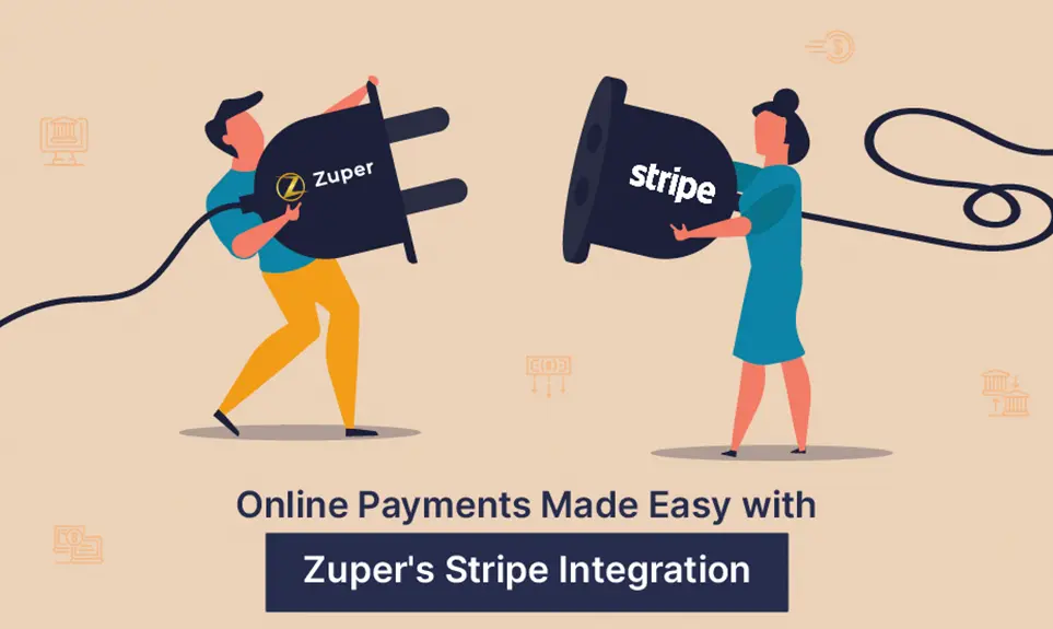 Illustration of two people connecting Zuper and Stripe plugs to symbolize seamless payment integration