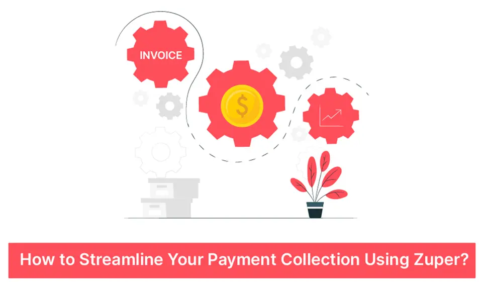 Interlocking gears showing invoice, payment, and analytics icons representing automated payment collection workflow