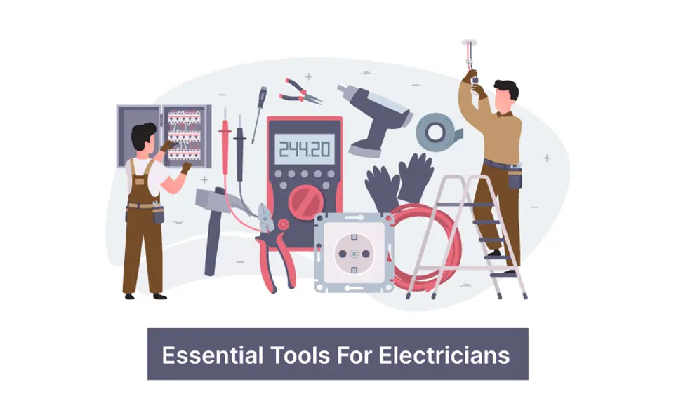 Electrician tools including multimeter, pliers, wire cutters, drill, electrical panel, outlet, and cable coil