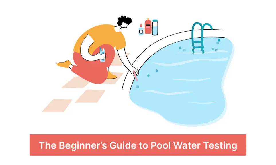 Person kneeling at poolside using test strip to check water chemistry with testing supplies nearby