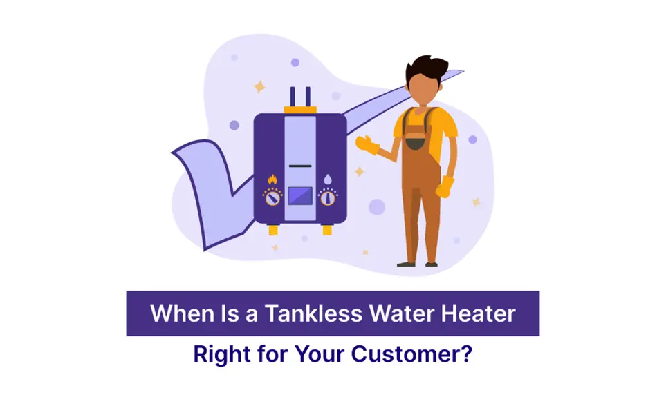 Technician in overalls presenting a tankless water heater unit with installation checklist