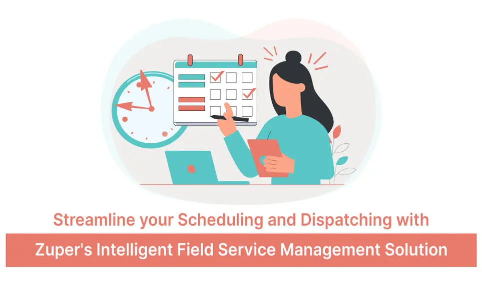 Woman pointing at calendar with checkboxes beside a clock and laptop, representing field service scheduling