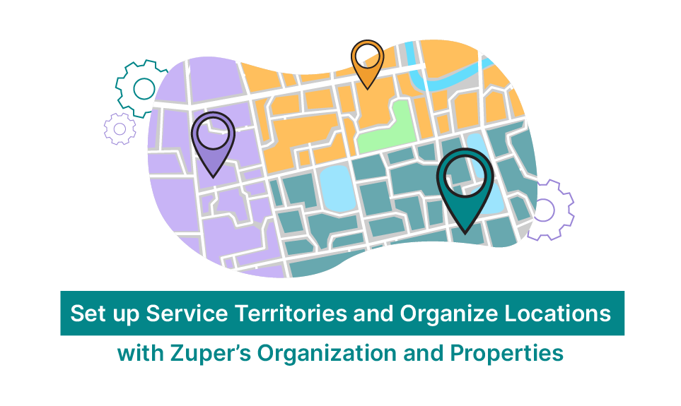 Map showing color-coded service territories with location pins for field service zone management