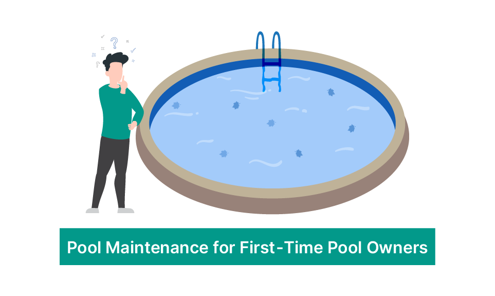 Confused pool owner standing next to a round swimming pool with debris, considering maintenance tasks